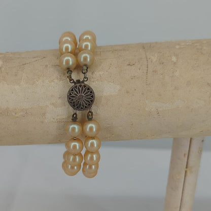 Vintage Double Strand Cream Faux Pearl Bracelet With Filigree Clasp