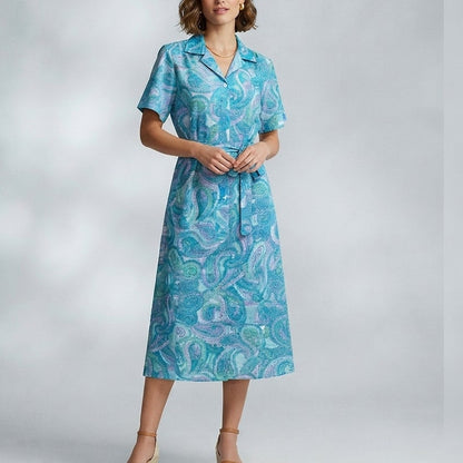 Vintage Blue Paisley 40s/50s Casual Midi Retro Dress Belted Collar Housewife