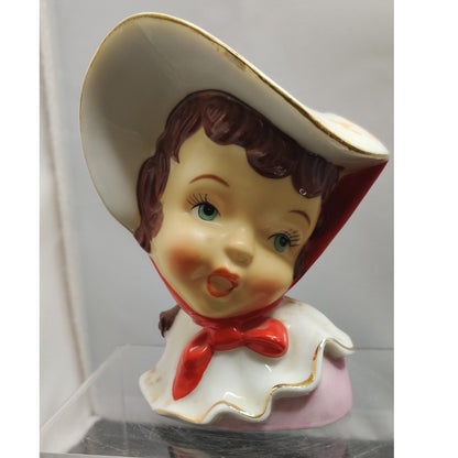 Vintage 1950s Inarco Girl Head Vase Planter Red Bonnet Collectible Kitsch MCM
