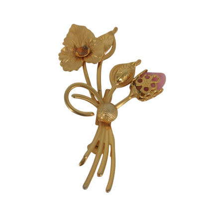 Vintage Gold-Tone Pink Floral Bouquet Brooch Pin Flower Spray