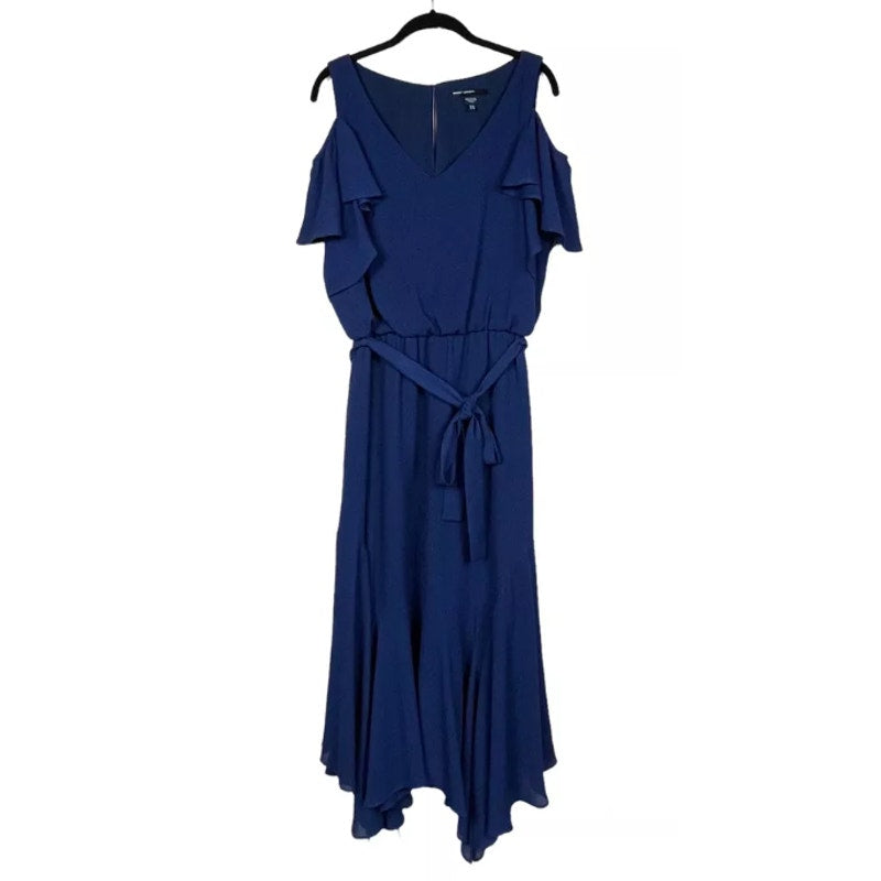 Maggy London Dress Size 6 Navy Blue Cold Shoulder Asymmetrical Ruffle Hem Belted
