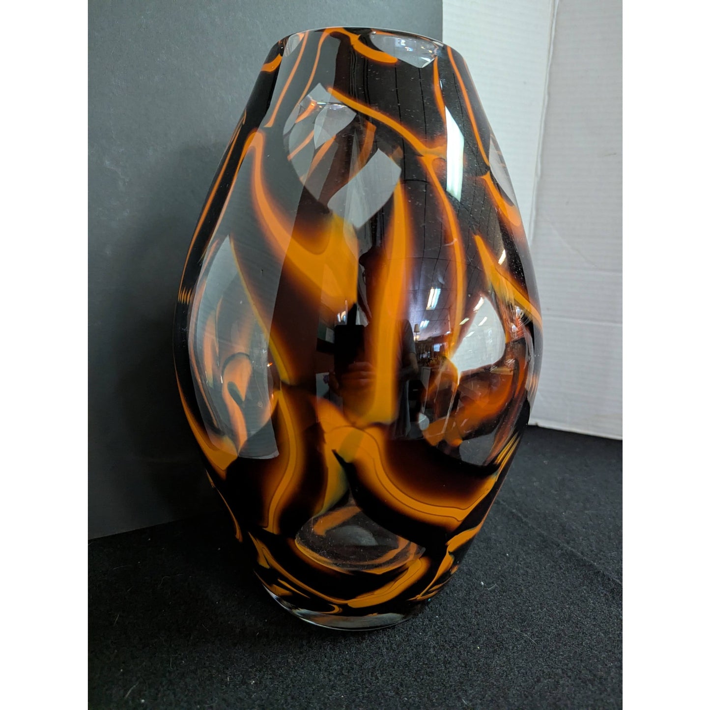 Vintage Tortoiseshell Art Glass Statement Vase LARGE Amber and Orange Swirls