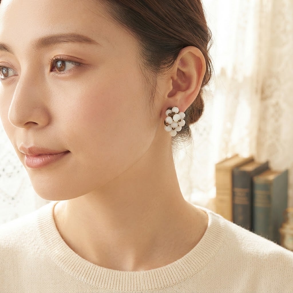 Vintage Milk Glass Cluster Screw Back Earrings Mid-Century Retro Bridal Jewelry