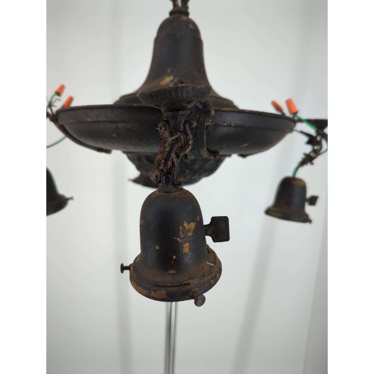 Vintage Art Deco Brass Pan Chandelier 4 Light Down Fixture Dark Patina Projec
