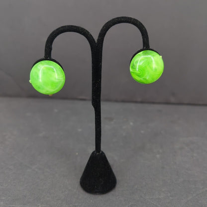 Vintage Green Resin Clip On Earrings Gold Tone Marked Hong Kong Retro 1960s MCM