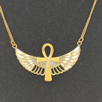 SALALSOL Brass Ankh wings necklace Egyptian Revival Goldtone Ancient Symbol MCM