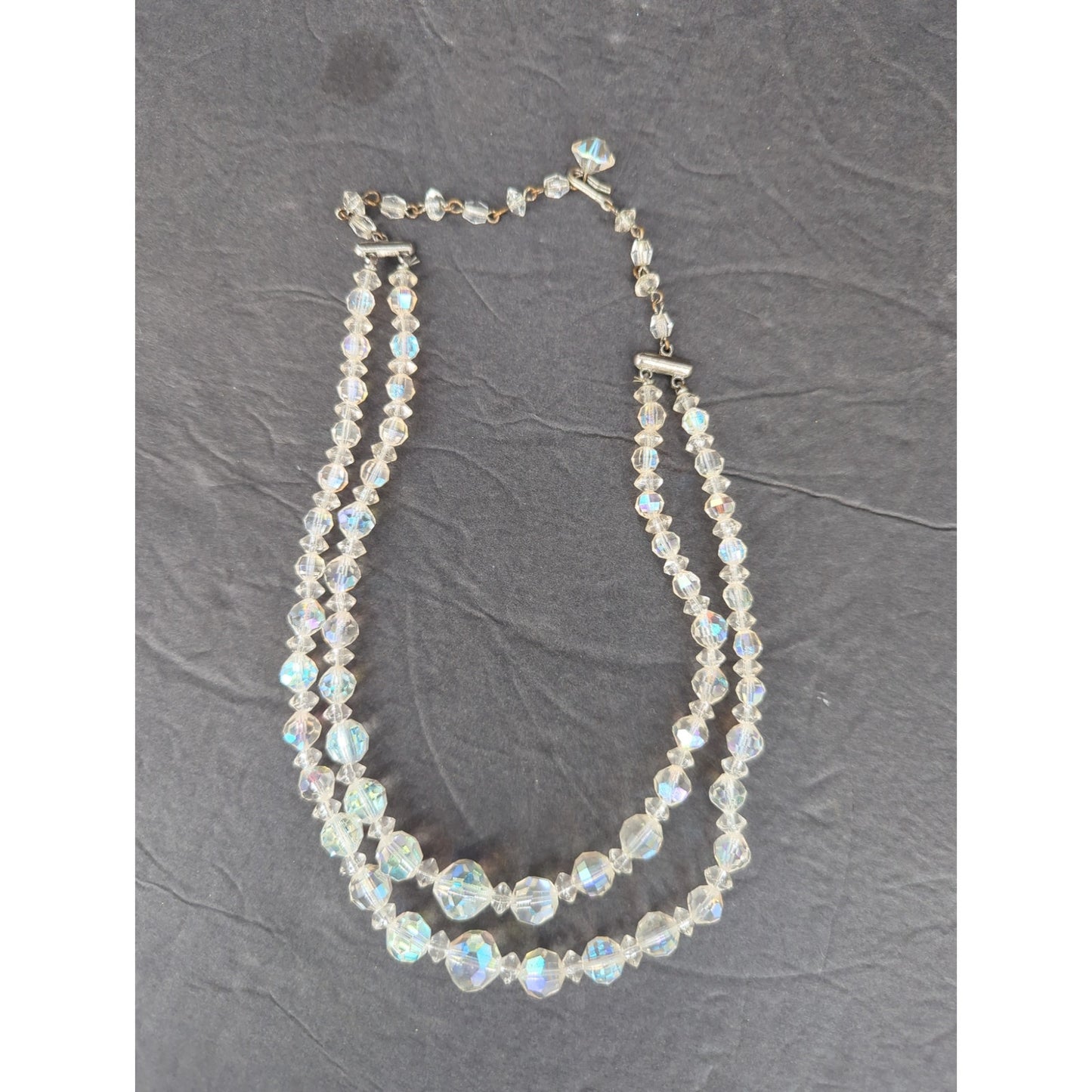 Vintage Double Strand Clear Aurora Borealis Crystal Bead Layered Necklace