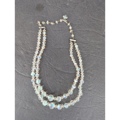 Vintage Double Strand Clear Aurora Borealis Crystal Bead Layered Necklace
