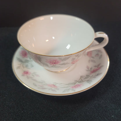 Footed Cup & Saucer Set Shalimar by Valmont China Pink Flowers Gray Stems SHABBY