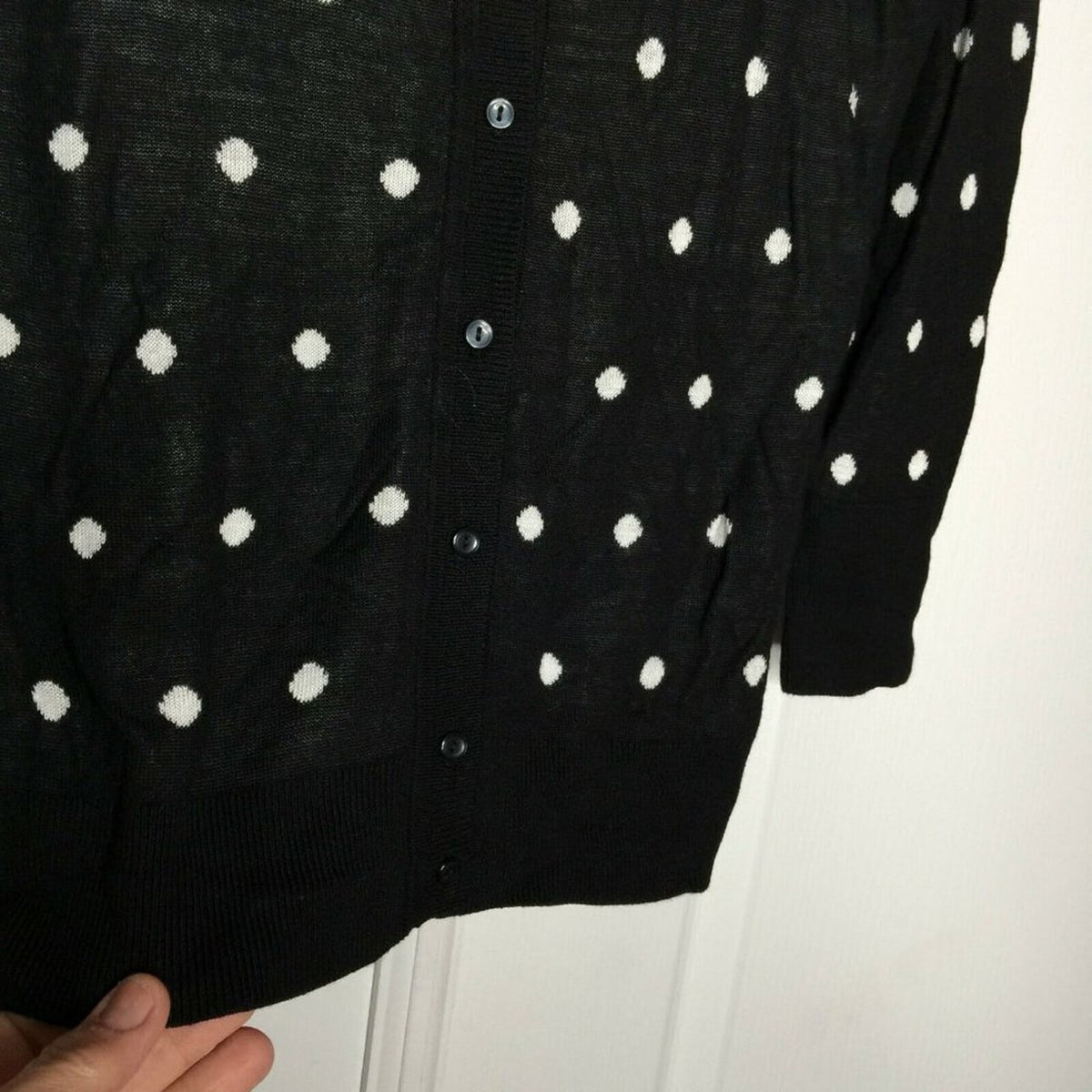Halogen Crewneck Front Button Cardigan Sweater Small Black WHITE  POLKA DOT