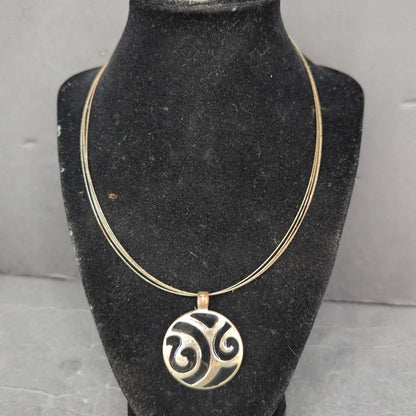 Vintage Gold Tone Swirl Round Medallion Pendant Omega Chain Necklace Mid-Century