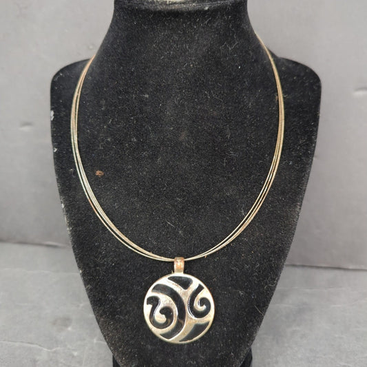 Vintage Gold Tone Swirl Round Medallion Pendant Omega Chain Necklace Mid-Century