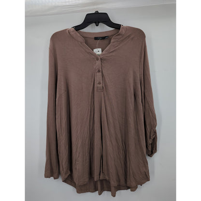 RDI Women's NWT Size 2X Mocha Brown Henley Long Sleeve Tunic Blouse Top