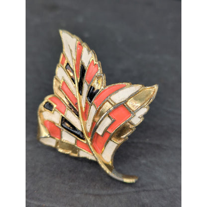 Vintage 1960s Enamel Leaf Brooch Pin Brown Orange Gold Tone Accent