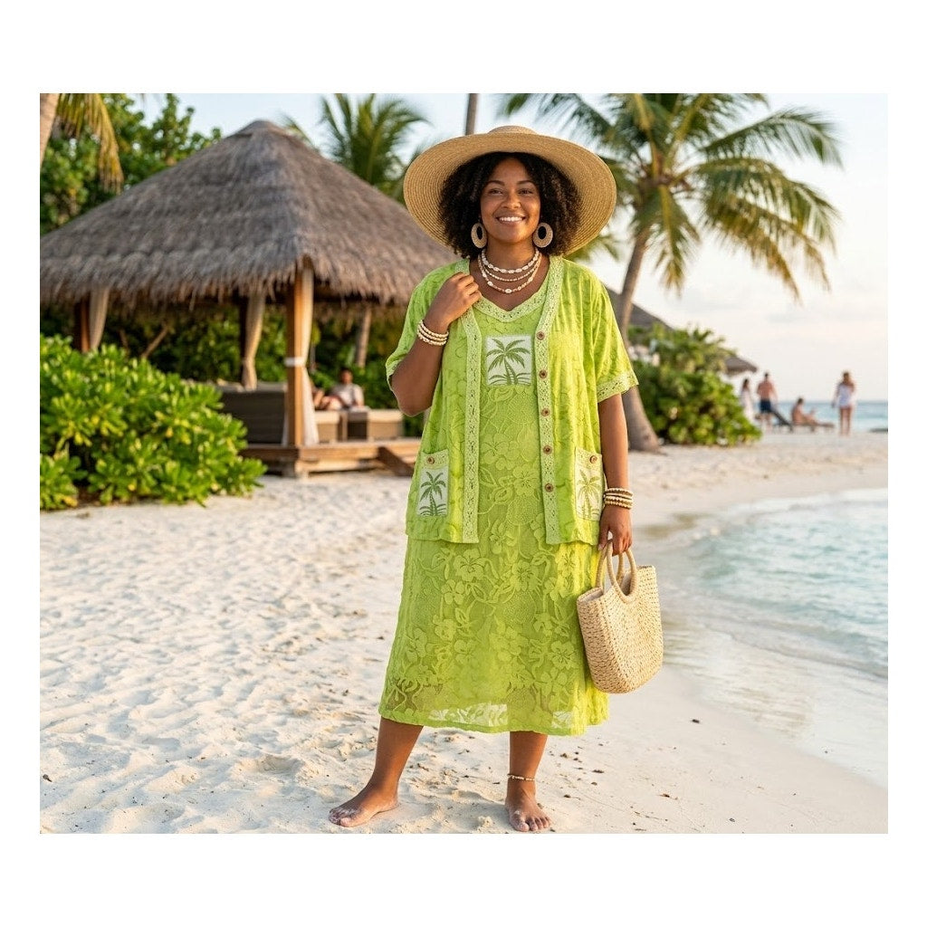 Mirror Image Lime Green 2pc Midi Dress & Button-Up Blouse Tropical XL Palm Tree