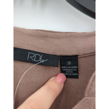 RDI Women's NWT Size 2X Mocha Brown Henley Long Sleeve Tunic Blouse Top