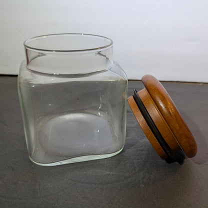 Vintage MCM Clear Glass Canister with Teak Sealed Lid 5" apothecary storage