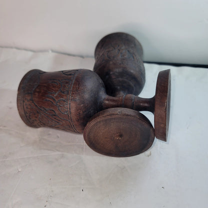 Vintage African Hand Carved Wood Goblets Hippo Rhino Giraffe Pair Tribal MCM
