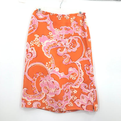 Ann Taylor Floral Print Knee Length Pencil Skirt Silk Orange Pink 2