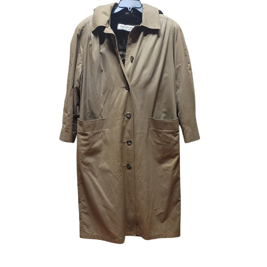 Mackintosh Trench Full length Coat Jacket Faux Fur Lined Hood Size 12 HEAVY tan