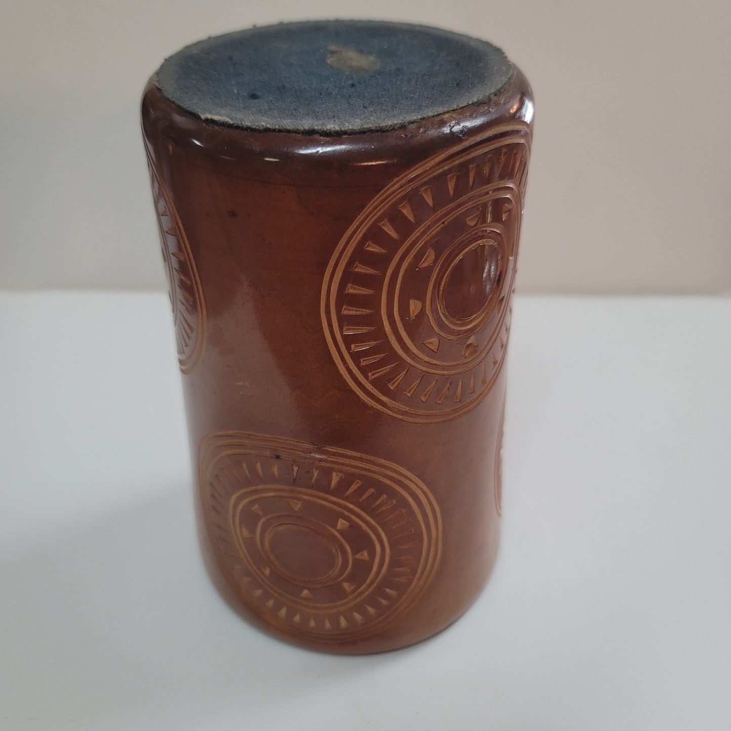 Wood vase brush cutlery holder Handmade carved turned tribal design 7" Organic
