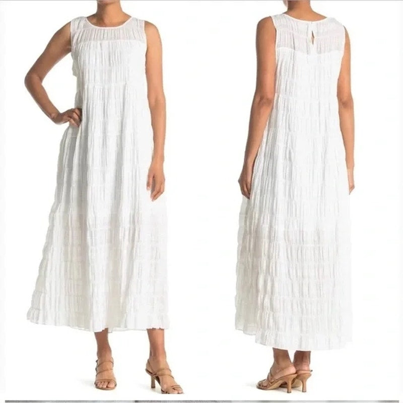 Max Studio Sleeveless Gauzy Jewel Neck Tiered Maxi Dress Medium White NEW $138