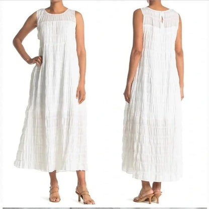 Max Studio Sleeveless Gauzy Jewel Neck Tiered Maxi Dress Medium White NEW $138