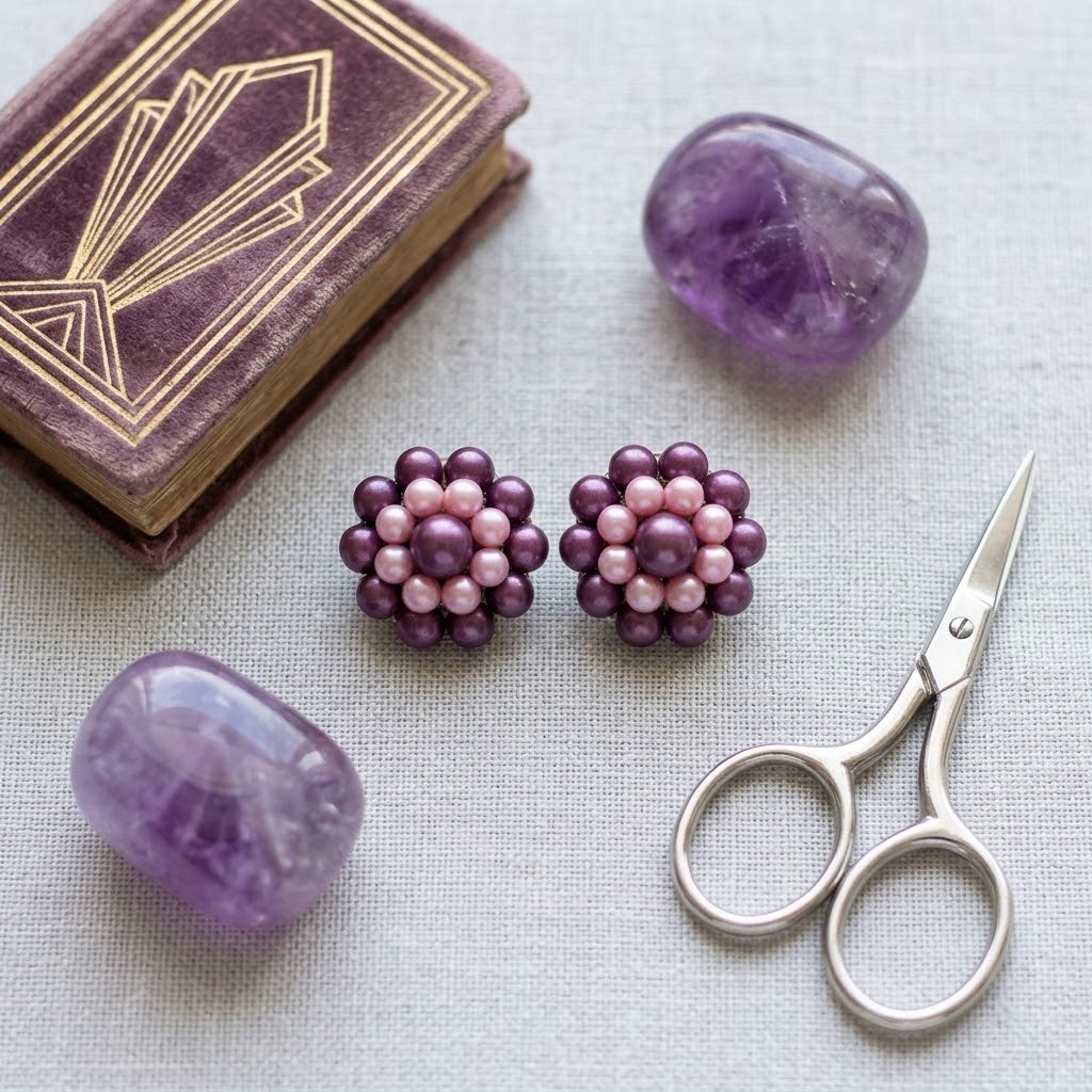 Vintage Two Tone Purple Pink Faux Pearl Cluster Clip On Earrings Mid Century