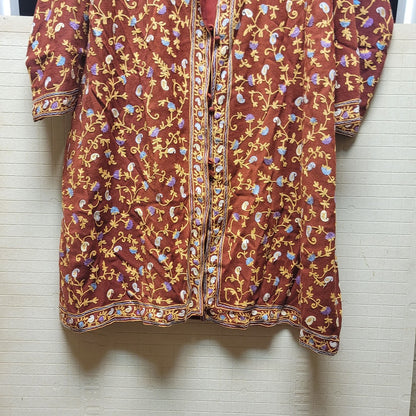 Burgundy Wine Long Duster Lined Embroidery Floral Paisley Coat Jacket XL/ 16