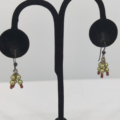 Vintage Petite Faux Pearl Cluster Gold Tone Red Beaded Cluster Dangle Earrings