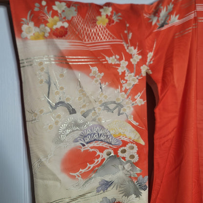Vintage Silk Furisode (long sleeve) Kimono Robe Orange Gold Silver Embroidery
