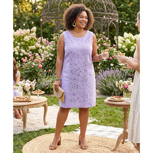 EY Signature Lavender Linen Sleeveless Midi Dress Large Eyelet Cutout