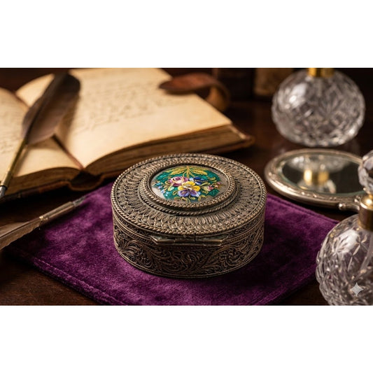 Antique French Filigree Metal & Guilloché Floral Enamel Box boudoir Pill snuff