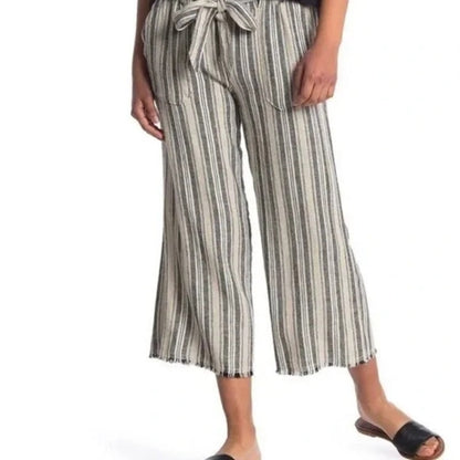 Caslon Cropped Linen Blend Raw Hem Pants Sz Large in Black/Khaki Stripe NWT
