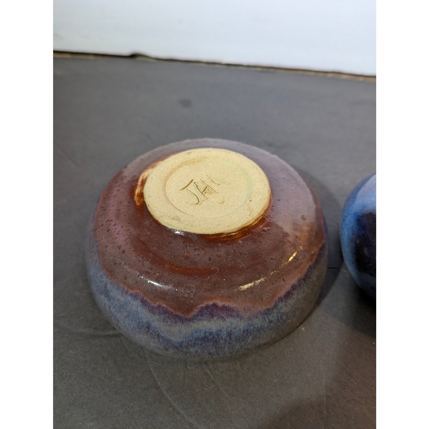 Studio Pottery Signed JAM Blue Speckled Glazed Bowls Set of 2