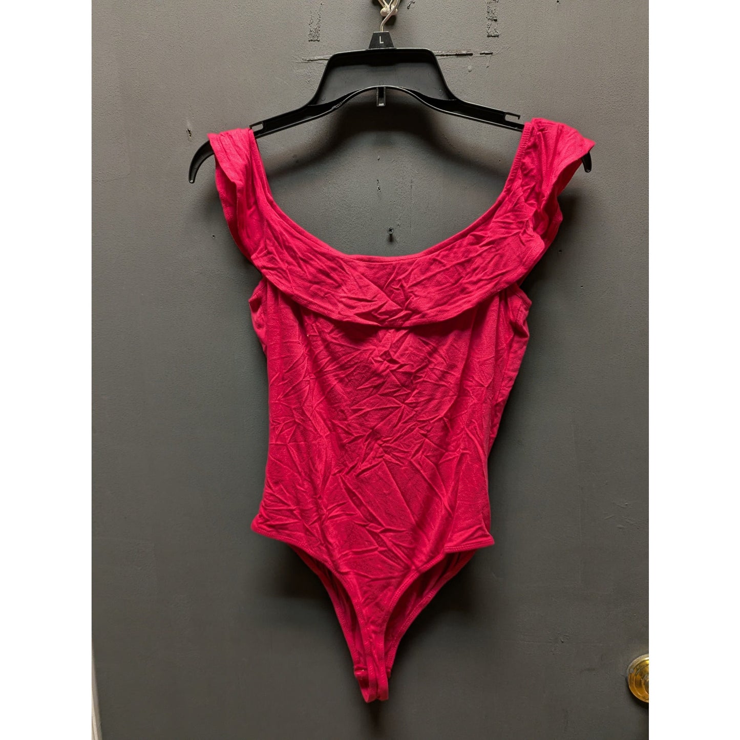Elodie NWT Pink Ruffle Off the Shoulder Bodysuit Large thong Layering Top Shirt