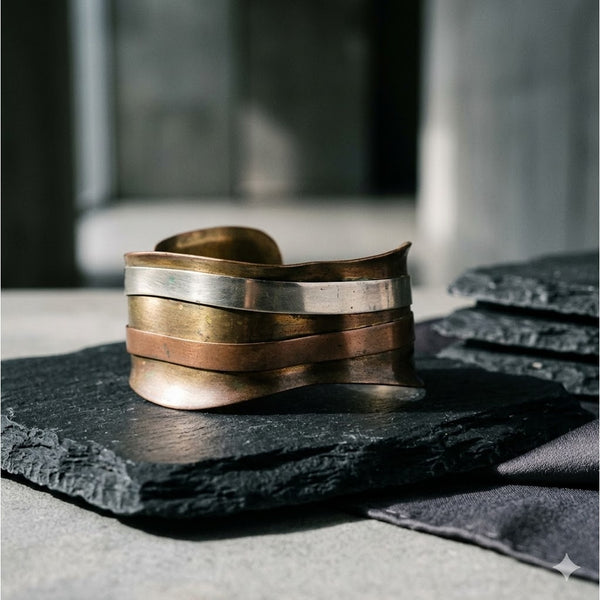 Vintage Brutalist Mixed Metal Ripple Cuff Bracelet Brass Copper Silver Tone