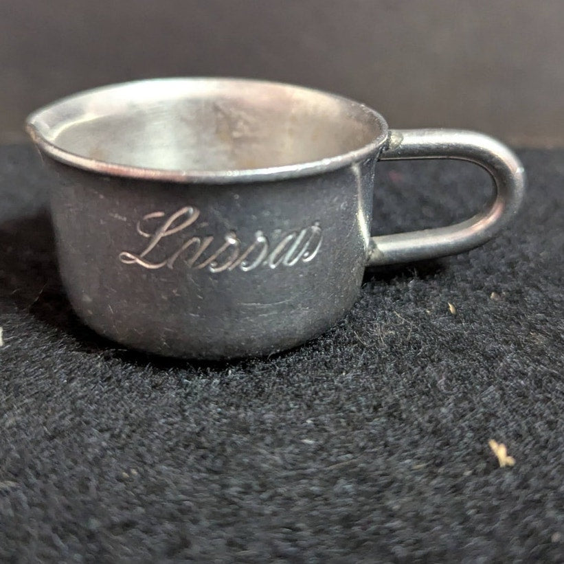 Vintage Gebrüder Hepp Miniature Stainless Steel Engraved Creamer Tiny Toy Cup