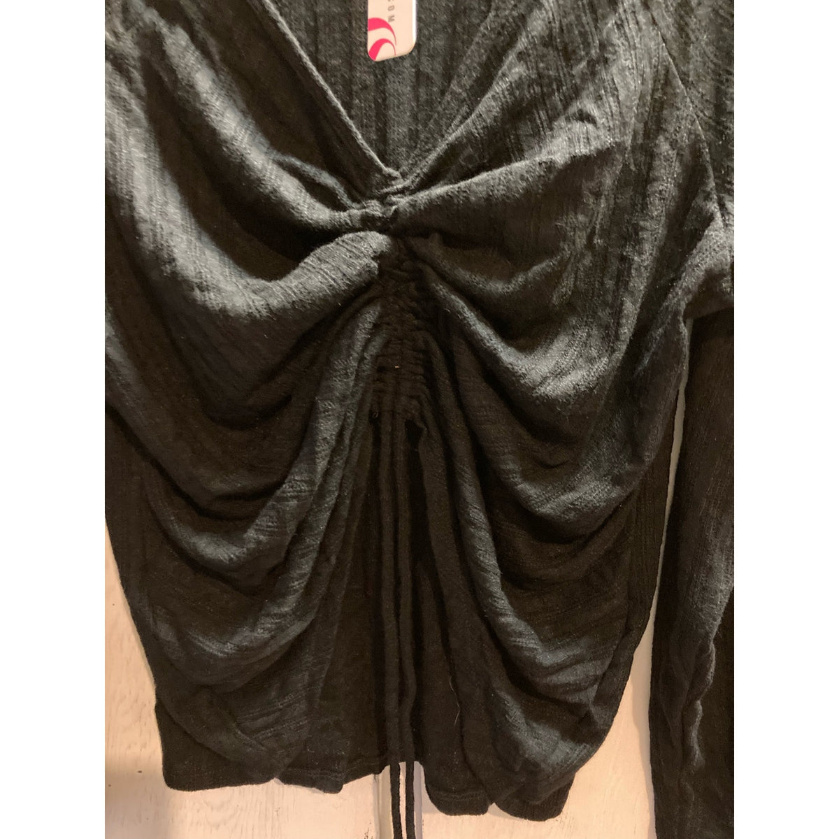 Curvy Sense Women's Top Plus 3X Black NEW Ruched Drawstring V-Neck Long Sleeve