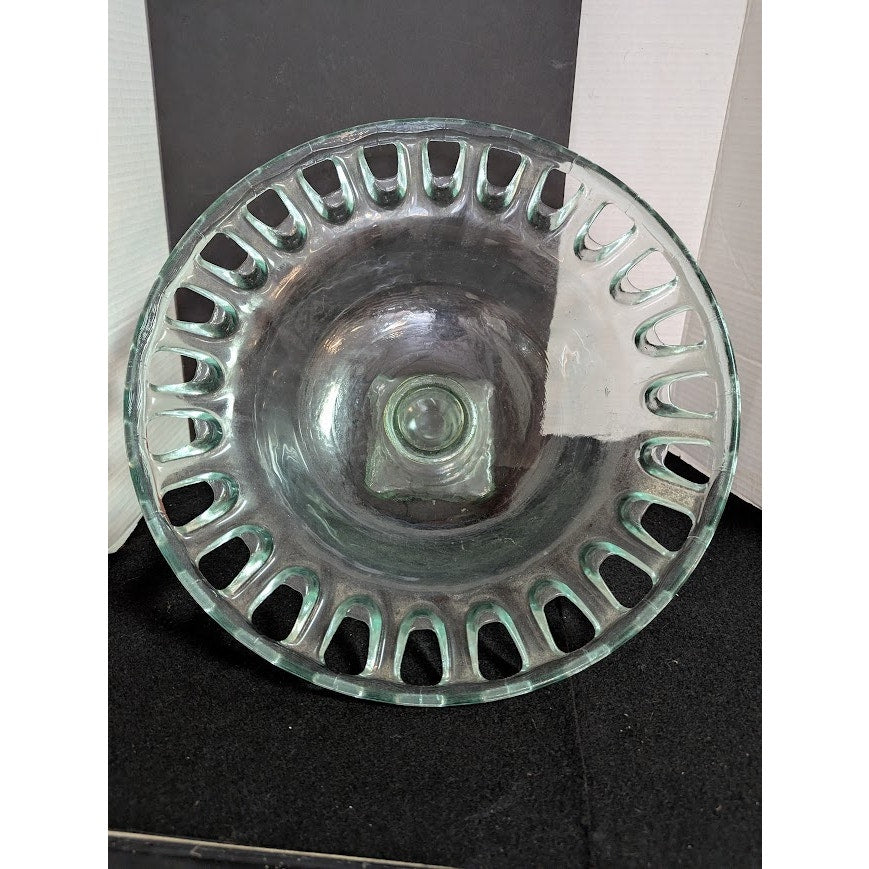 100% Recycled Green Glass Pedestal Compote Made in Spain 16" Wide 5" base VTG