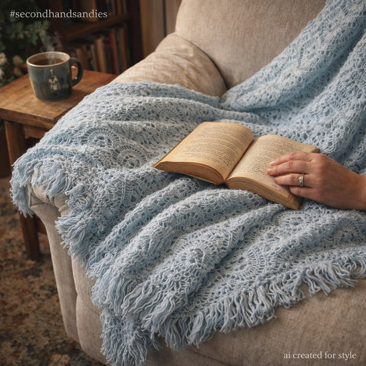 Baby Blue Virus Pattern Afghan Crocheted Handmade Fringe Heirloom cottagecore