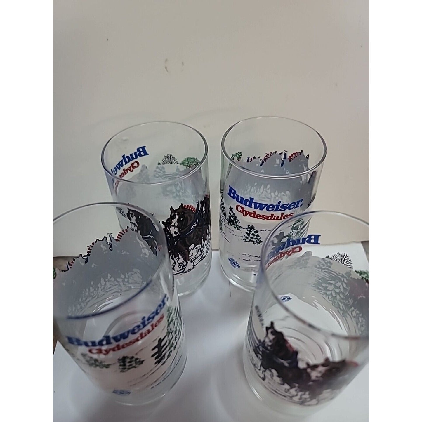 BUDWEISER Christmas Clydesdales 1995 Lot Of 4- 16 oz Cooler Glasses BARWARE Beer