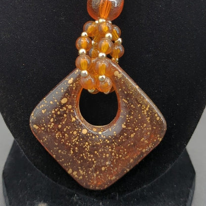 Vintage Amber Resin Diamond Pendant Necklace with Gold-Flecked Detail