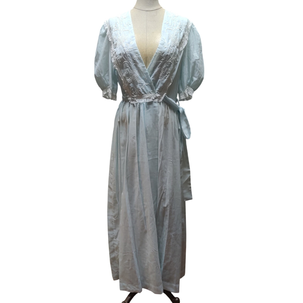 Vintage Christian Dior Blue Cotton Blend Lace Wrap Robe Small Glamour boudoir