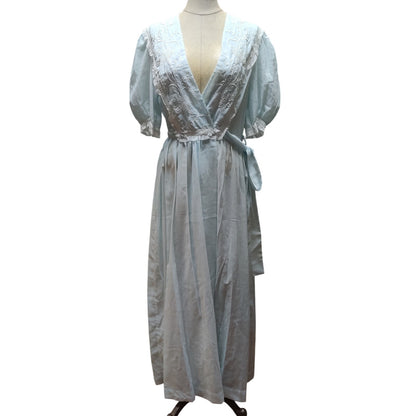 Vintage Christian Dior Blue Cotton Blend Lace Wrap Robe Small Glamour boudoir