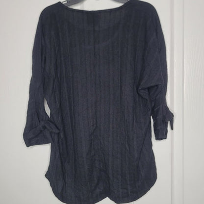 Bobeau Small black top blouse round hem tie sleeves stripes casual round neck