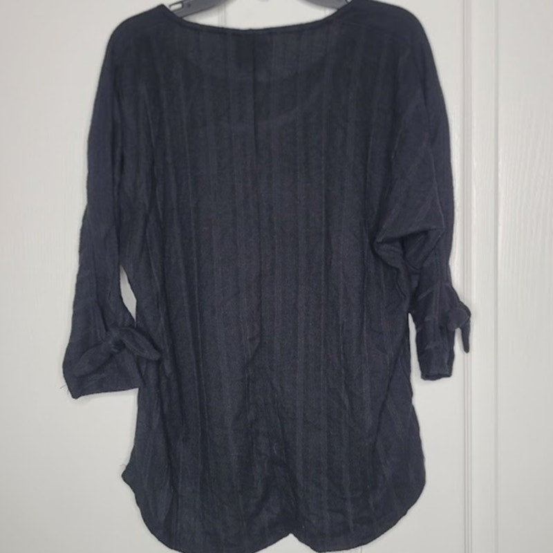 Bobeau Small black top blouse round hem tie sleeves stripes casual round neck