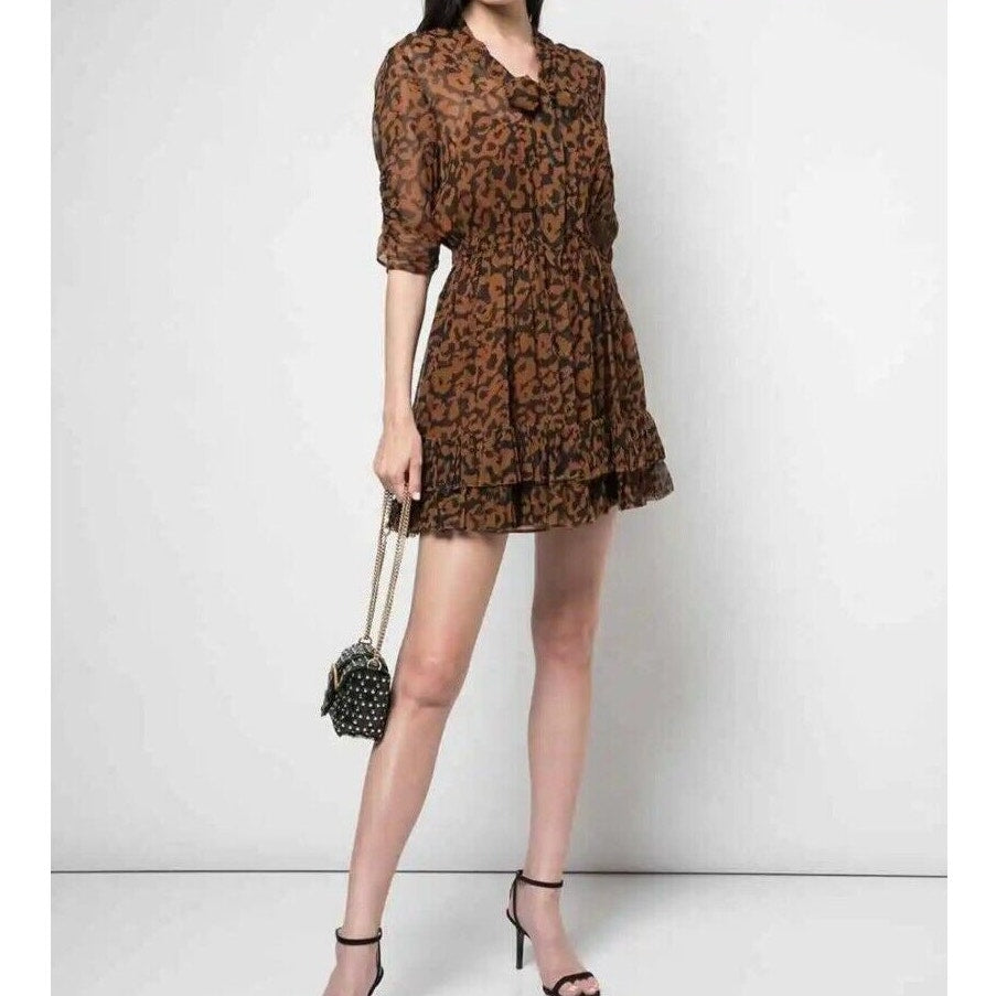 NICHOLAS Leopard Print Neck Tie MINI Flare Ruffle Dress SIZE 4 Blk/brown NEW