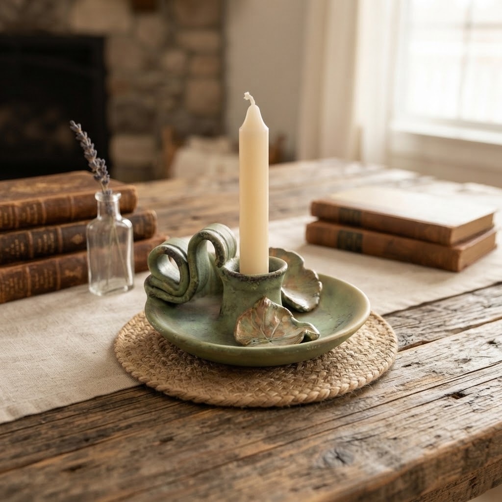 Art Studio Handmade Pottery Signed Elaine Handheld candle holder
