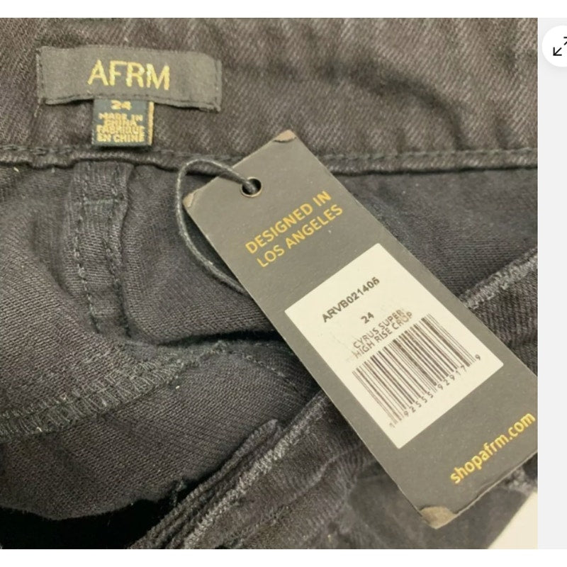 AFRM Cyrus Super High Rise Crop Jeans Size 24 Black Wash Button Fly Distressed